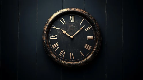 Weathered brass wall clock with softly glowing roman numerals.