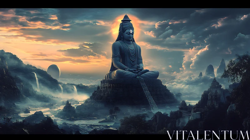 Colossal serene Buddha above misty sci fi valleys at dusk.