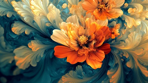 Fractal orange blooms swirling through teal floral currents.