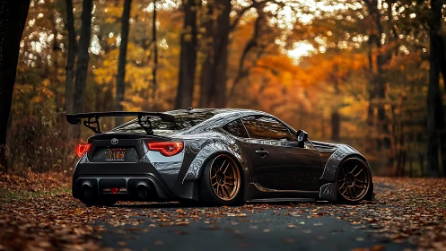 Modified sports coupe stands parked in quiet autumn forest road