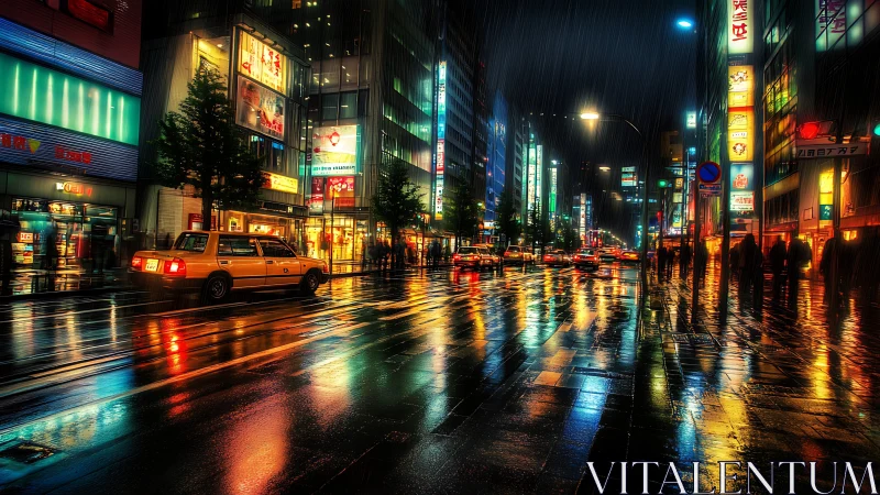 Rain-soaked neon avenue renders cinematic nocturnal reflections