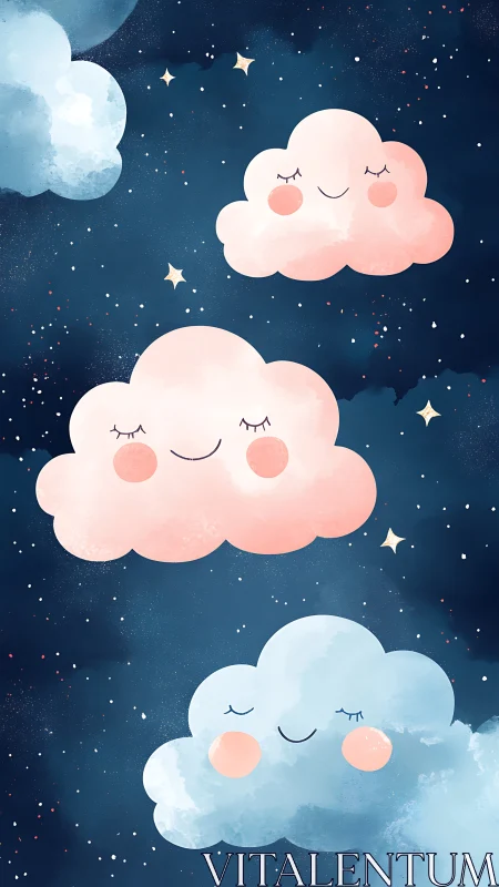 Smiling pastel clouds drift across deep midnight sky.