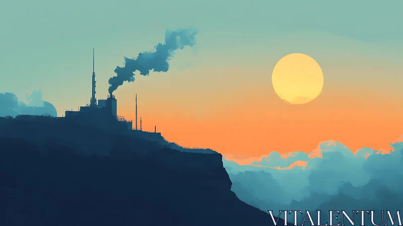 Industrial cliffside silhouette under vivid orange sunrise.