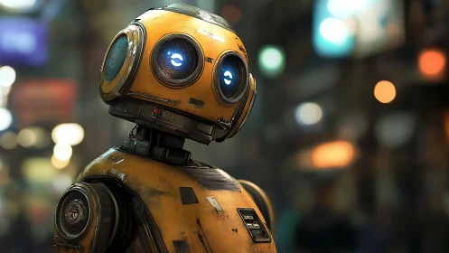 Yellow service robot with glowing eyes in urban night scene.