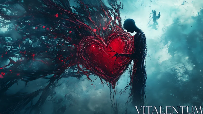 Silhouetted figure holding luminous heart structure