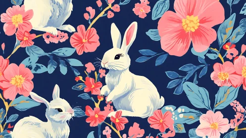 White rabbits amid coral blossoms on deep navy field.