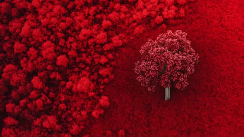 Solitary crimson tree dreams loudly beside a red forest