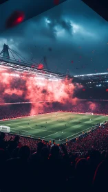 Night stadium football match amid red pyro haze and storm clouds.