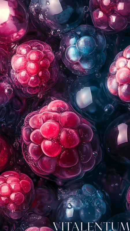 3D translucent raspberry spheres in liquid bloom.