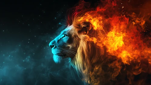 Lion profile rendered with dual-tone fire and smoke effects