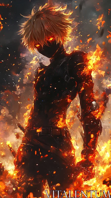 Fierce fire warrior rising from a storm of glowing embers.