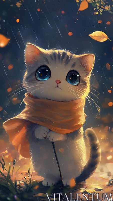 White cat wearing orange scarf in illuminated nighttime setting with falling leaves