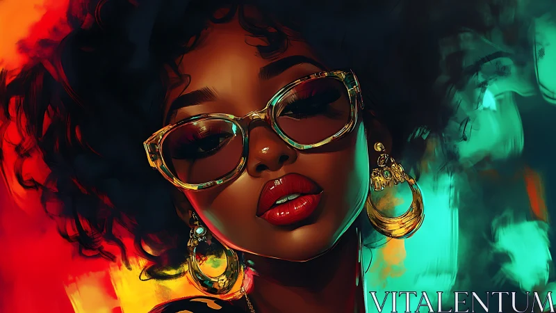 Neon-lit portrait celebrates bold style and golden glow.