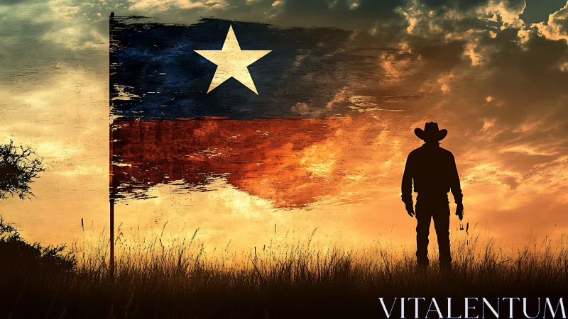 Sunset cowboy silhouette beside weathered Texas banner.