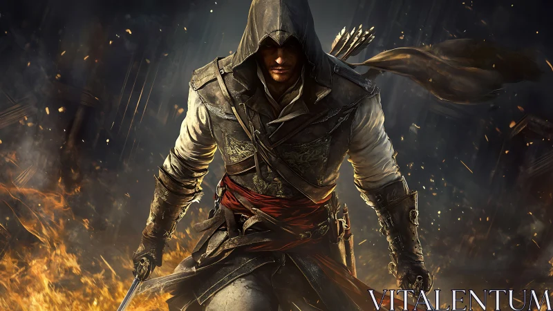 Hooded rogue advances through fire with twin blades drawn.