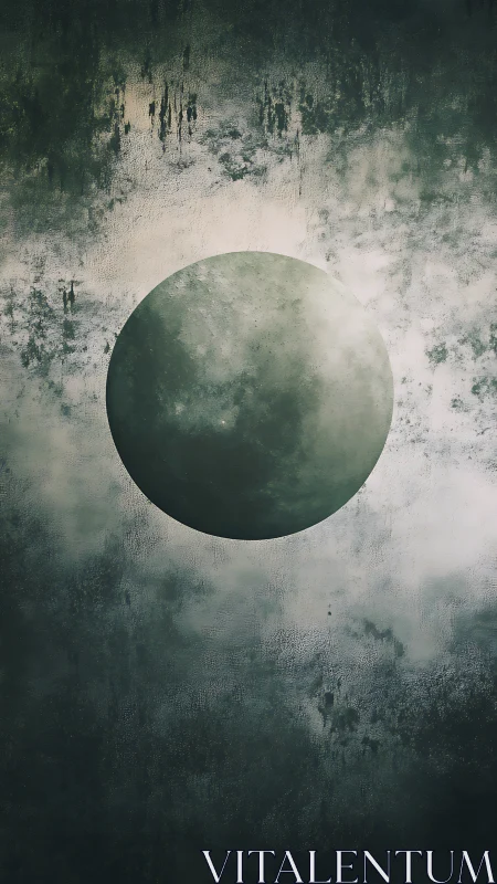 Lone celestial sphere hangs in misty, textured darkness