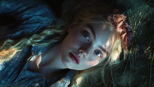 Blue-eyed girl under dappled light in wild meadow