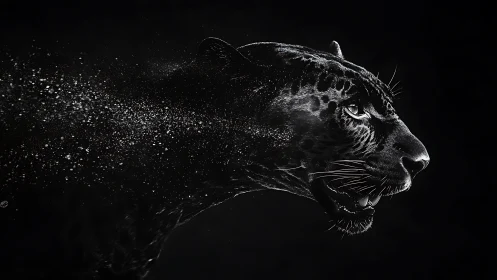 Midnight panther emerges in swirling stardust silence.