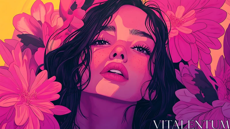 Sunlit daydream girl wrapped in bold pink blossoms.