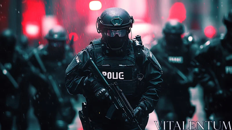 Steady tactical police team advances through neon city rain
