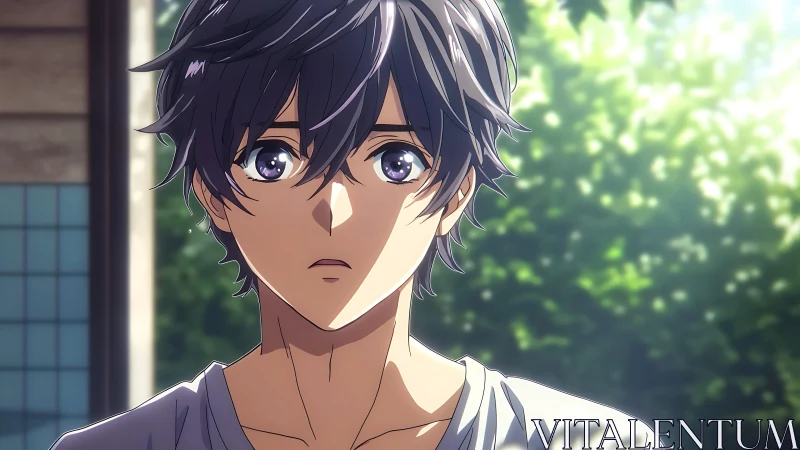 Sunlit anime boy pauses in quiet, heartfelt surprise outside