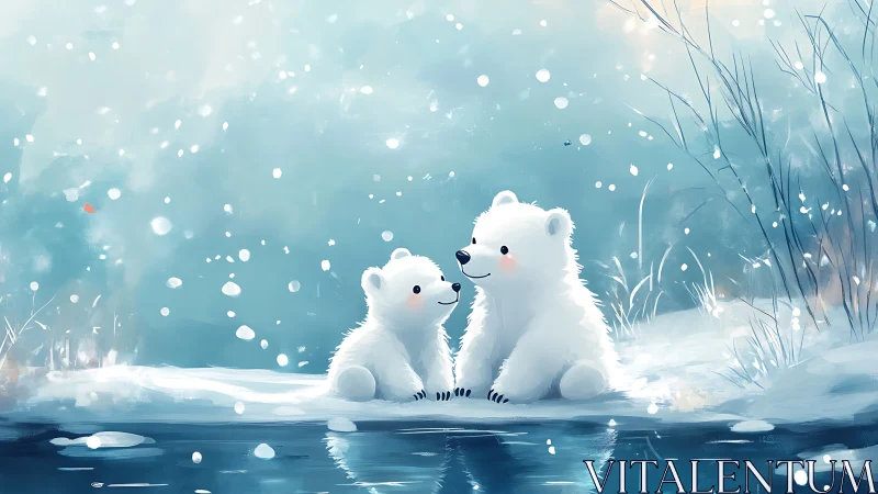 Snowflake whispers with two polar bears by a winter pond.