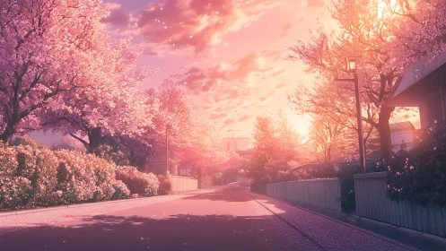 Twilight cherry lane drifts in rosy petal-slowed time.