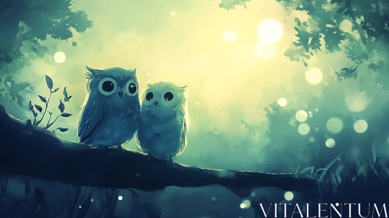 Two adorable owls on a branch in dreamy digital forest art.