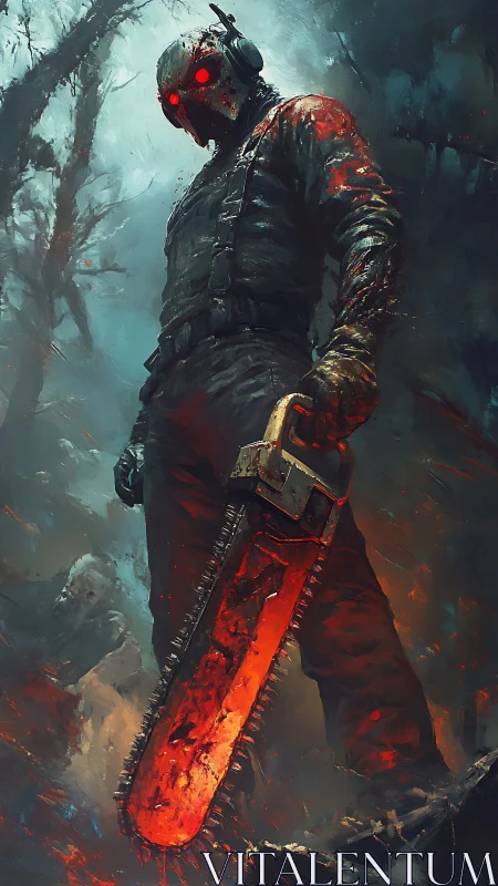 Chainsaw wielding masked figure in dark burning forest.