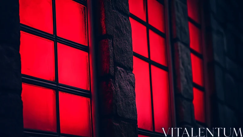 Red backlit window panes set in dark stone wall at night.