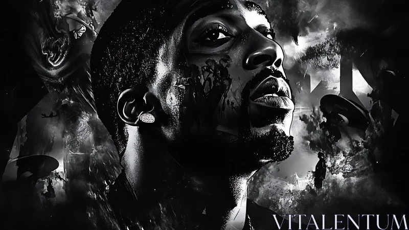 Monochrome portrait within abstract cinematic stormscape.