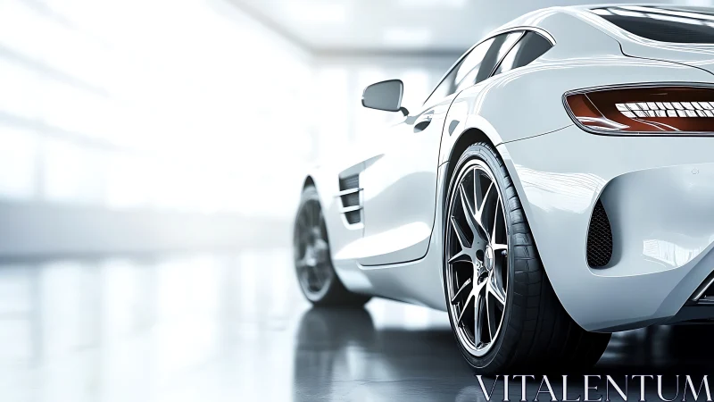White sports car gleams in a minimalist, sunlit showroom