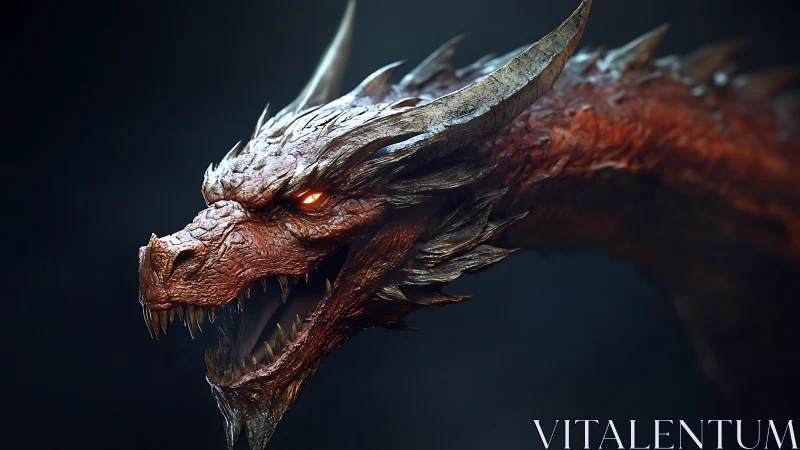 Fiery horned dragon head rendered in realistic 3D detail.