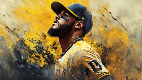 Baseball player portrait rises from bold yellow paint storm