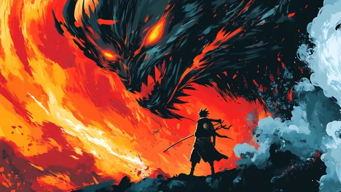 Warrior confronts infernal fire dragon in stylized inferno scene.