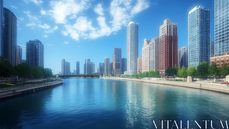Riverside skyscrapers rise under a clear blue summer sky