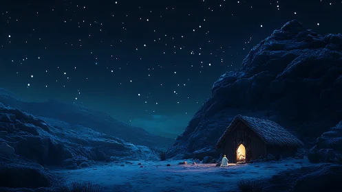Silent nativity shelter glows beneath a vast winter night sky