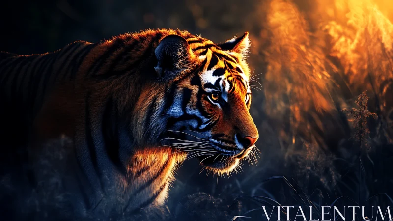Tiger stalks through tall grass in dramatic sunset light.