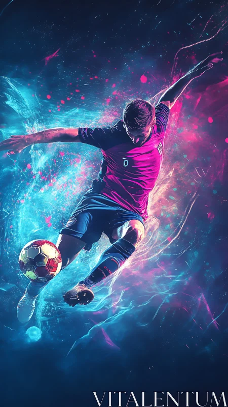 Neon kinetic footballer in dynamic digital painting composition.