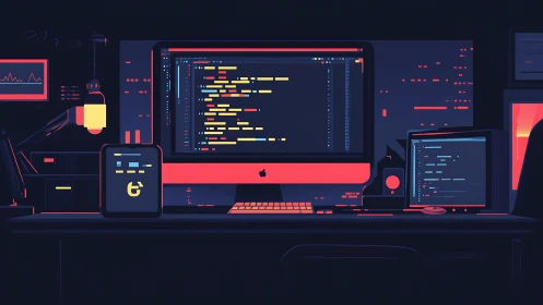 Dual‑monitor coding workstation with neon accent lighting at night