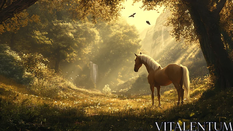 Golden horse stands in sunlit forest glade at dawn