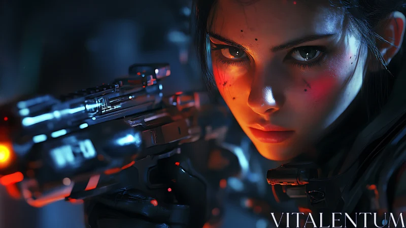 Cybernetic huntress poised with neon-lit tactical pistol.
