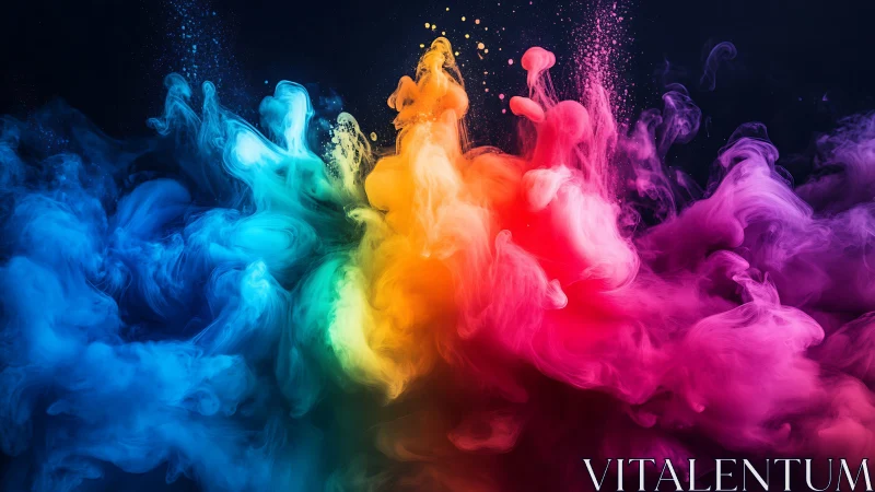 Colorful swirling ink clouds against dark studio background.