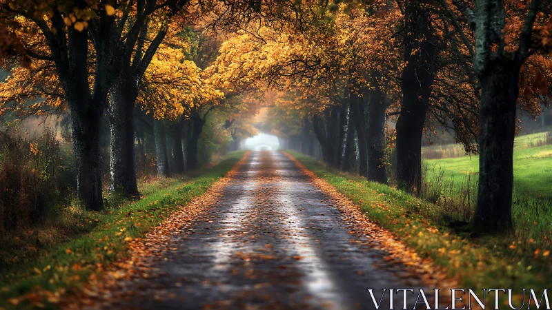 Golden autumn lane gently leads toward a misty distance