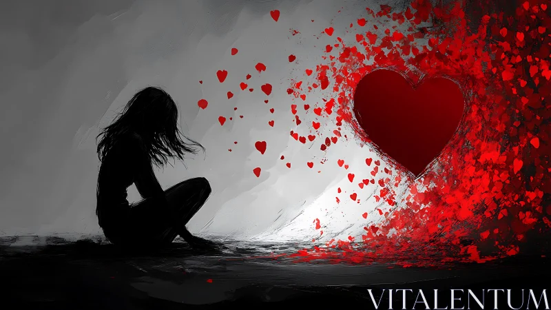 Solitary girl beside shattering red heart in grayscale void.