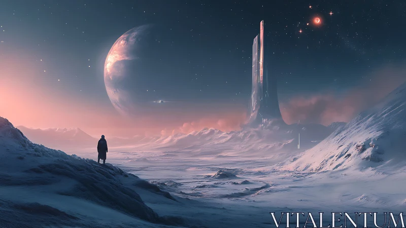 Solitary explorer surveys icy exoplanet plain with monolithic tower