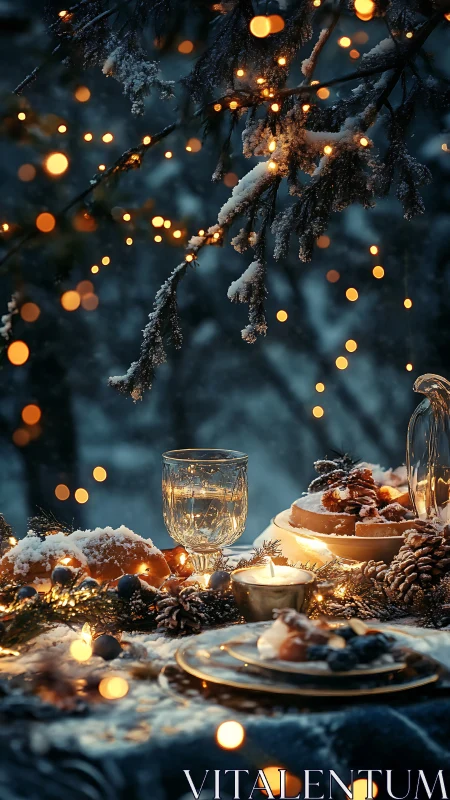 Photorealistic winter table scene with festive bokeh lighting.