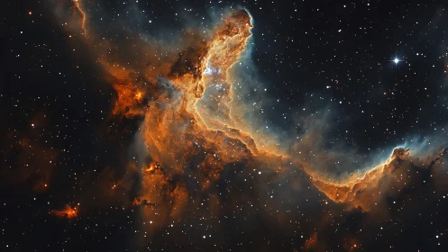 Stellar canyon of firelit nebula clouds carving cosmic seas.
