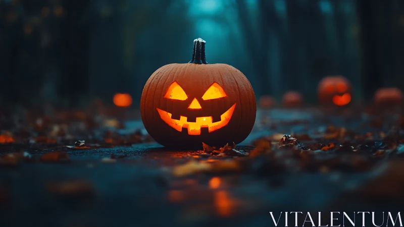 Illuminated jack o lantern on wet forest pathway at dusk.