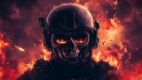 Fireborn warrior with a burning skull gaze in the inferno.